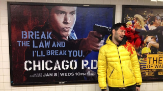 Illustration for article titled Man pretends to be shot by violent movie posters
